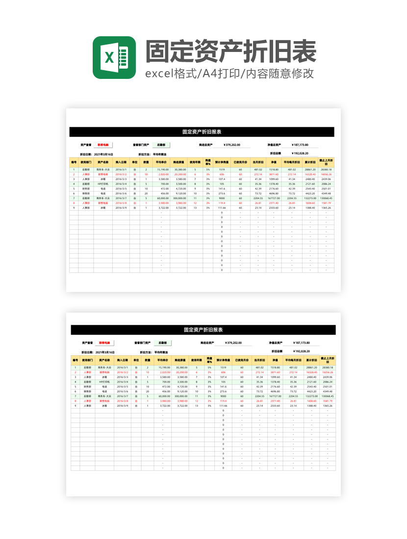 固定资产折旧表Excel模板