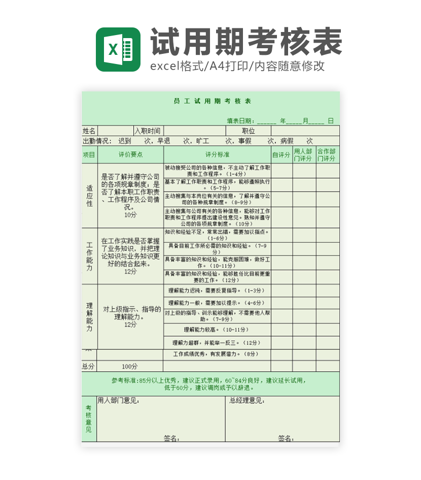 试用期转正考核表excel模板