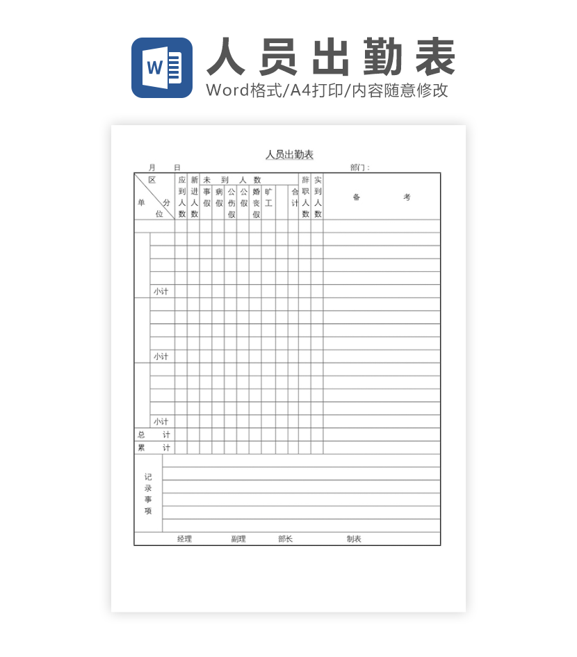 人员出勤表word模板