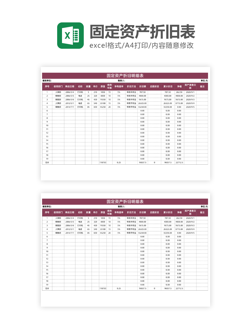 固定资产折旧表Excel模板