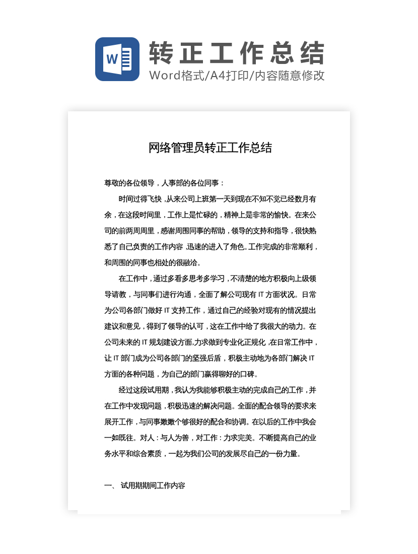 网络管理员转正总结Word模板