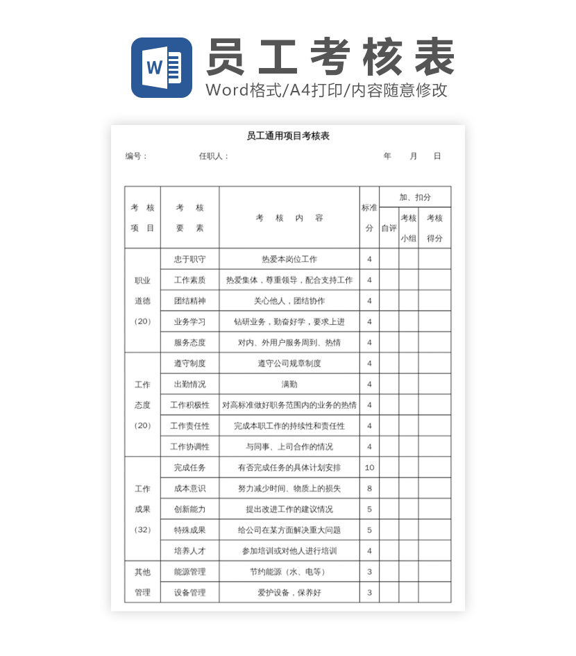 员工通用项目考核表word模板