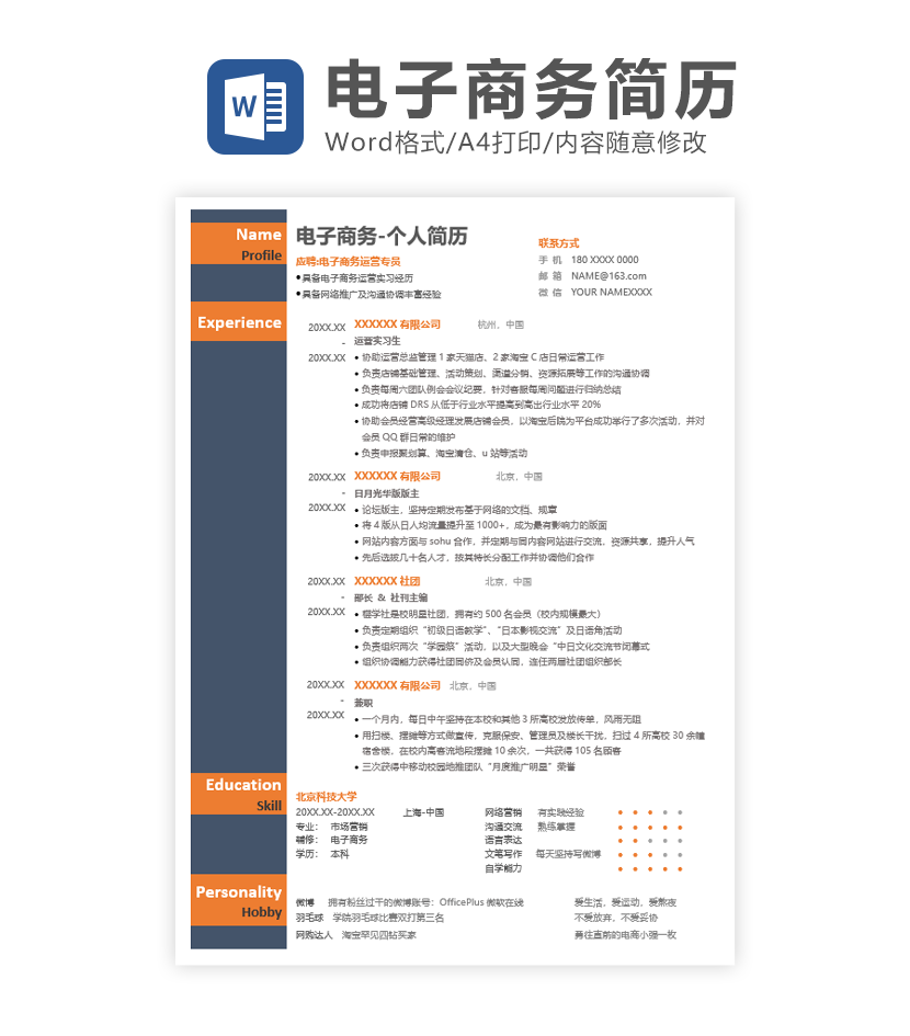 电子商务运营求职简历Word模板