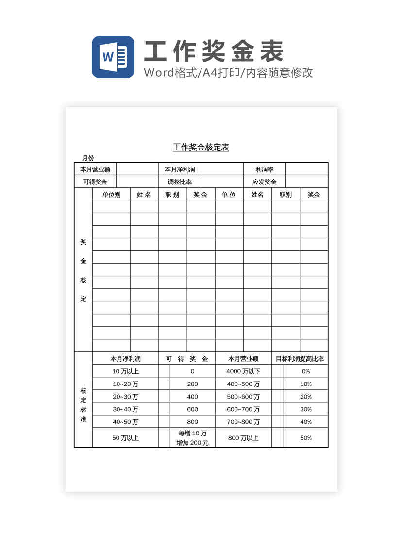 工作奖金表Word模板