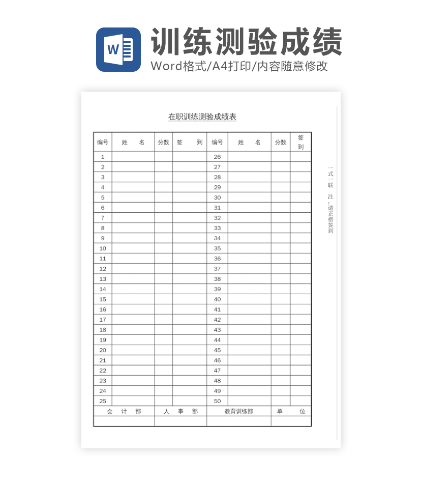 在职训练测验成绩表word模板